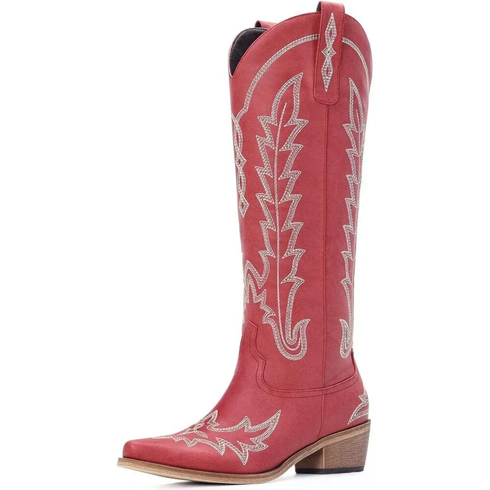 Women's Wine-red Knee High Pointed Toe Chunky Heel Pull On Zipper Cowboy Boots